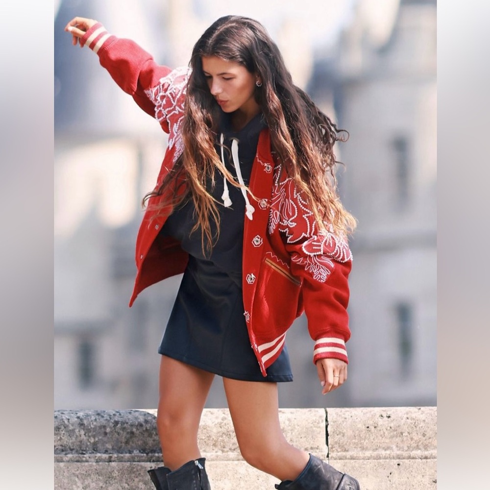 Free People Pretty in pearls bomber jacket
